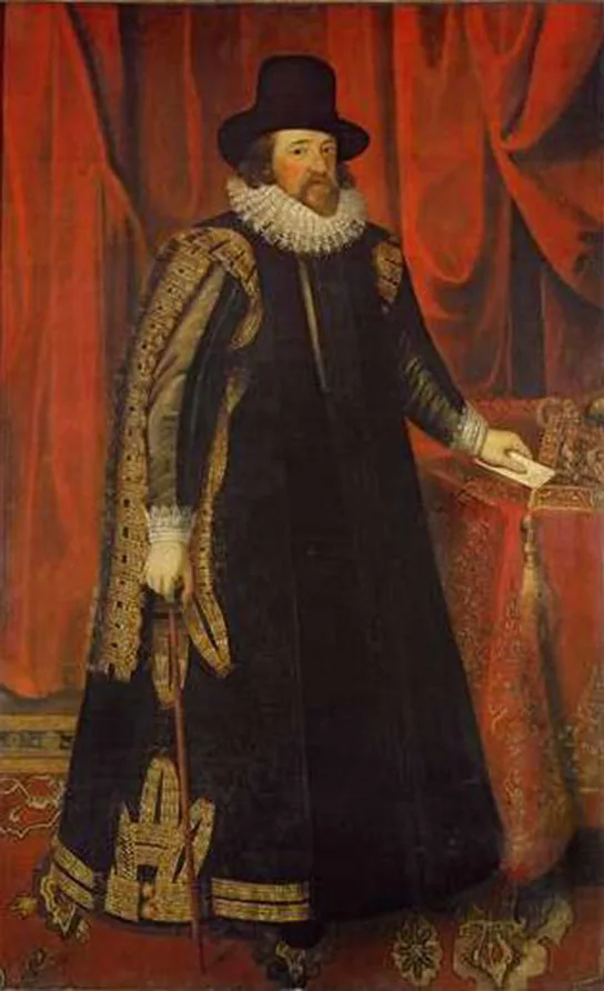 A formal oil portrait of a bearded man in Renaissance-era dress — a wide-brimmed black hat, a ruffled white collar, and a long black robe with gold trim — standing beside a red velvet-draped table and holding a folded paper.