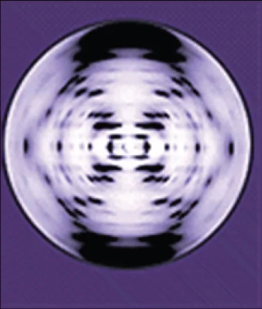 A circular X-ray diffraction photograph on a dark purple background, showing a symmetrical pattern of dark, blurred spots arranged in an X shape around a bright center.