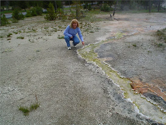 A photo of a woman crouching beside a mineral-crusted runoff channel at a hot spring, with green cyanobacteria-colored water flowing past where she points; the channel's edges appear a brighter green than its center.