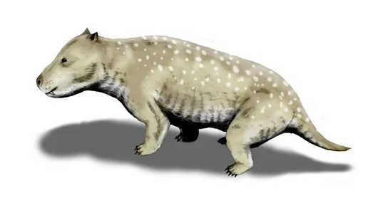 A tan, dog-sized quadruped shown as a paleoart illustration in profile: a short snout with visible teeth, small ears, a coat sparsely dotted with pale spots over the back and flanks, darker banded markings across the haunches, short legs, and a long tapering tail, casting a soft shadow on a plain white background.