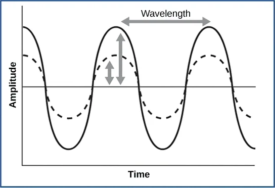 A line graph plots amplitude on the vertical axis against time on the horizontal axis, showing a taller solid sine-like wave and a shorter dashed wave of the same wavelength superimposed on one another, with a horizontal double-headed arrow marking the wavelength between two crests and a shorter vertical double-headed arrow marking the amplitude from the centerline to a crest.