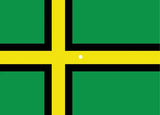 A flag-shaped graphic divided by a cross into four green rectangles, with the cross itself colored yellow outlined in black and a small white dot marking its center.