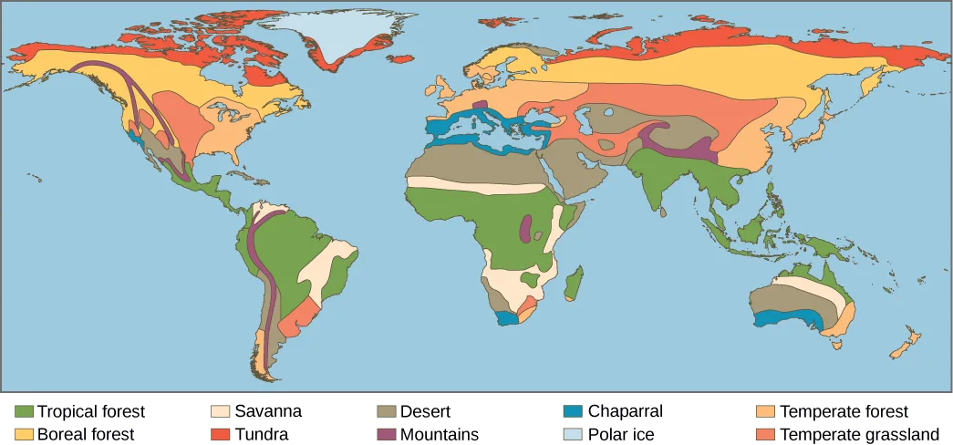 A world map colored by biome, spanning every continent except Antarctica, with a two-row, ten-color legend below it for tropical forest, savanna, desert, chaparral, temperate forest, boreal forest, tundra, mountains, polar ice, and temperate grassland.