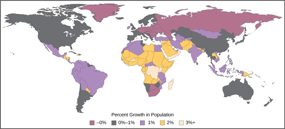 World map shaded by percent population growth in five bands from about 0% to 3%+. Much of Africa, the Middle East, and parts of Asia are shaded in the higher-growth bands; North America, Australia, Japan, and most of Europe are shaded in the lowest bands.