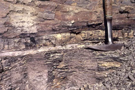 A close-up photo of layered sedimentary rock with a rock hammer laid across it. A thin, pale band running horizontally through the middle of the rock marks the K–Pg boundary; the rock below that band has fine dark-and-light-gray bands, distinct from the smoother, redder-brown rock above it.