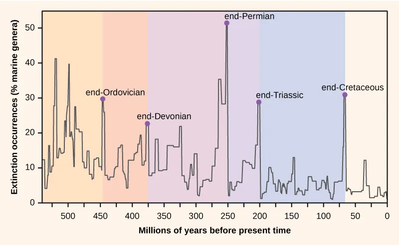 A line graph titled Extinctions, plotting extinction occurrences as a percentage of marine genera against millions of years before present, with five labeled peaks marking major mass-extinction boundaries and background bands marking the intervening geologic periods.