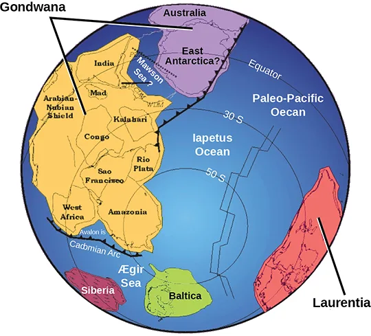 A labeled globe schematic of the equatorial region during the Paleozoic, showing the landmass Gondwana — a cluster of named sub-regions including Australia, East Antarctica, India, Arabian-Nubian Shield, Congo, Kalahari, West Africa, Amazonia, Sao Francisco, and Rio Plata — near a much smaller Laurentia, Siberia, and Baltica, separated by the Iapetus Ocean, the Aegir Sea, and the Paleo-Pacific Ocean, with the equator and 30 S and 50 S latitude lines drawn across the globe.