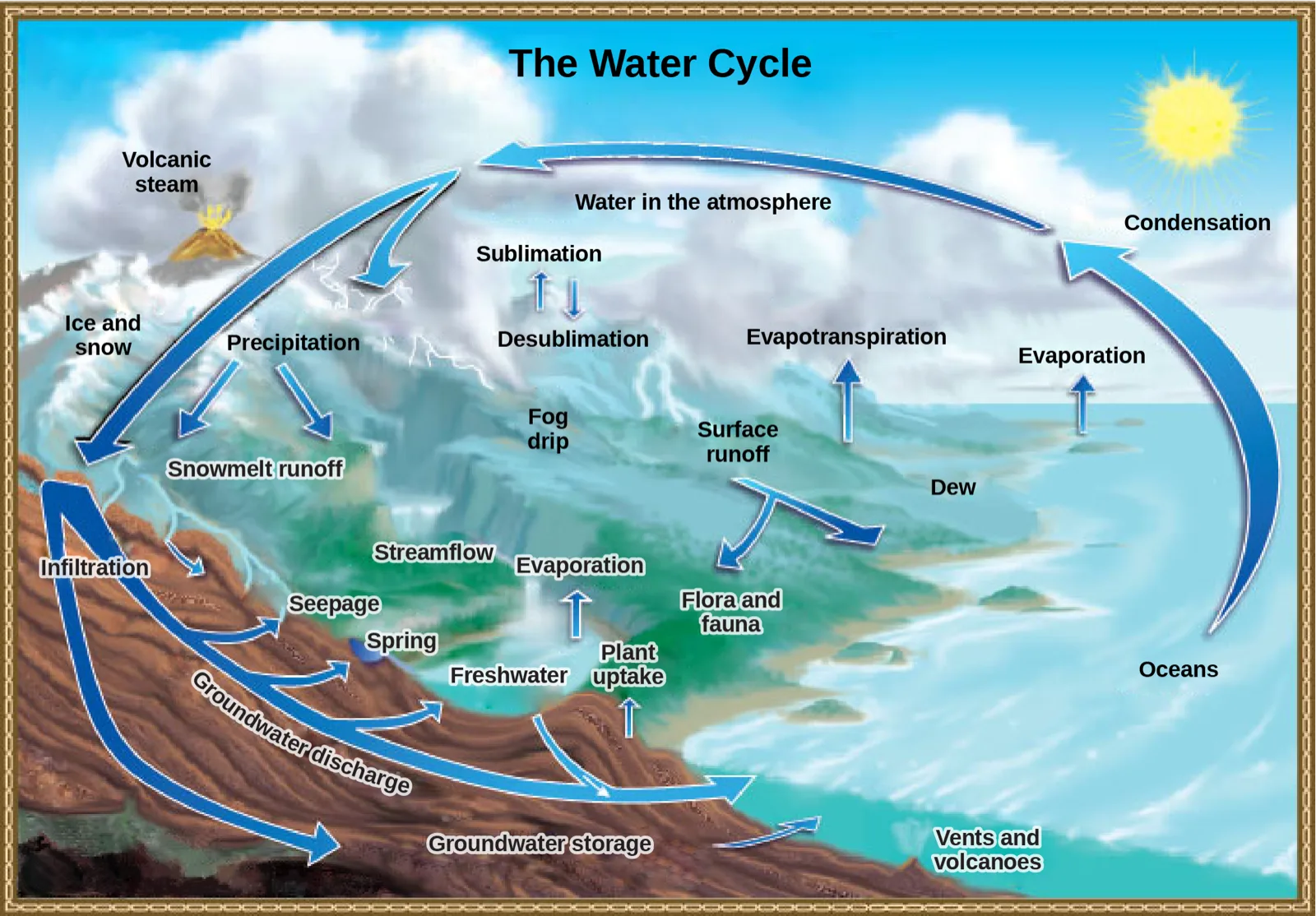 An illustration titled The Water Cycle shows water moving between the atmosphere, land, and oceans through labeled processes and arrows: volcanic steam and evaporation carrying water up into the atmosphere, condensation forming clouds, precipitation and desublimation returning water to Earth, and infiltration, groundwater flow, streamflow, and surface runoff carrying water back to the ocean.