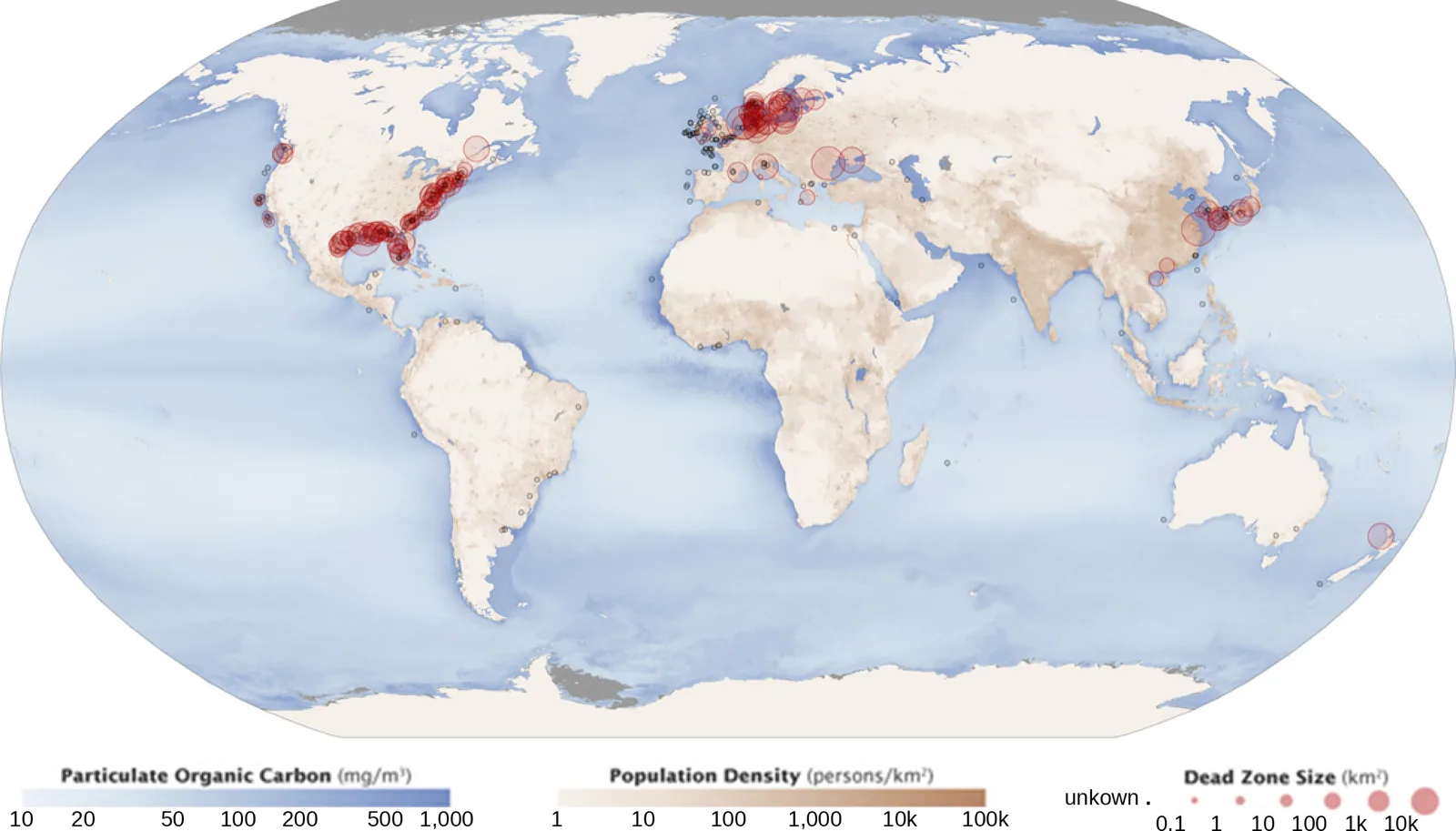 An oval world map carries three legends — a blue Particulate Organic Carbon scale, a tan Population Density scale, and a red Dead Zone Size scale — with red circles of varying size marking dead zones along several coastlines.