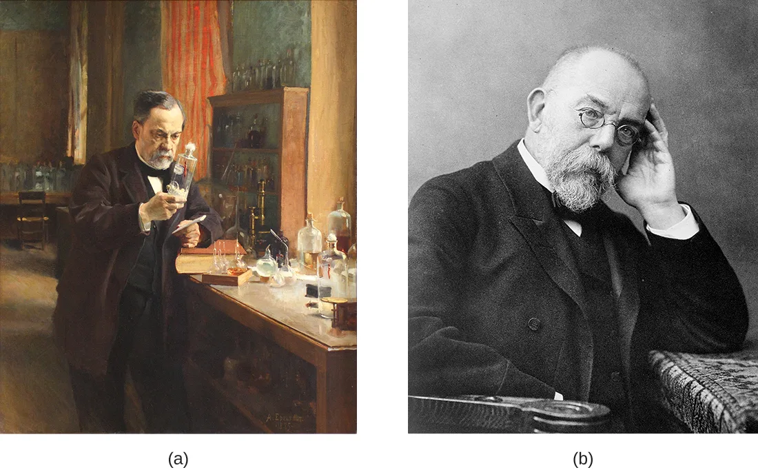 Panel (a) is a painting of a man, identified as Louis Pasteur, standing at a laboratory bench and holding a flask up toward a flame, surrounded by bottles and glassware. Panel (b) is a black-and-white photographic portrait of an older, bearded man wearing glasses, identified as Robert Koch.