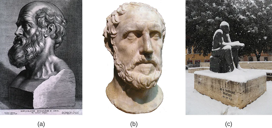 Three portraits side by side: (a) an engraved print of a bust of Hippocrates, bearded, on an inscribed pedestal; (b) a marble bust of a bearded man, identified as Thucydides; (c) a snow-dusted stone statue of a seated, robed figure on a pedestal, identified as Marcus Terentius Varro.