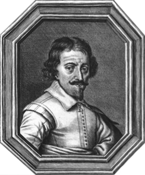 An engraved portrait of a mustached and bearded man with shoulder-length hair, wearing a plain white collar over a dark, buttoned doublet, set within an ornate octagonal frame.