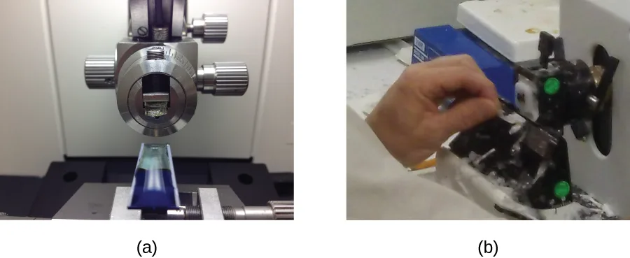Two photographs: (a) a bright metal ultramicrotome chuck holding a small pale blue specimen block above a knife. (b) A bare hand adjusting a dial on an ultramicrotome mounted at a lab bench.