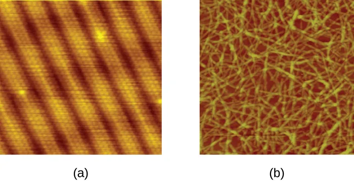 Two side-by-side false-color scanning probe micrographs. (a) A golden surface crossed by parallel dark diagonal ridges, forming a repeating striped pattern, with a few bright bumps. (b) A dense tangle of thin, light green strands crossing in all directions over a dark red-brown background.