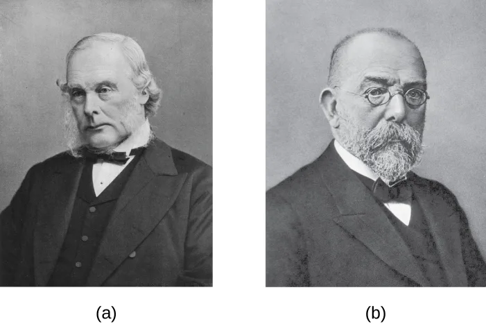Two black-and-white studio portrait photographs side by side: (a) an older man with white hair and a full white beard, wearing a dark coat and bow tie. (b) A balding man with round spectacles, a gray beard and mustache, wearing a dark coat and bow tie.