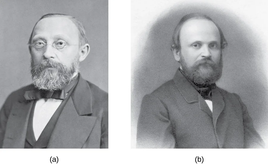 Two black-and-white studio portrait photographs side by side: (a) an older bald man with round spectacles, a bushy beard, and mustache, in formal nineteenth-century dress. (b) A younger bald man with a full beard and mustache, also in formal dress.