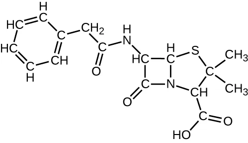 A structural formula of penicillin G: a benzene ring connects through a CH2 and a carbon double-bonded to oxygen to a nitrogen, which joins a four-membered ring fused to a five-membered ring. The four-membered ring carries its own carbon double-bonded to oxygen. The five-membered ring carries a sulfur, a carbon bearing two methyl groups, and a carbon bearing a double-bonded oxygen and a hydroxyl.