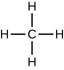 A methane molecule drawn with a central carbon atom bonded to four hydrogen atoms, one above, one below, and one to each side.