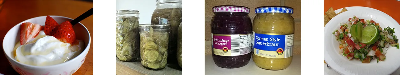 Four food photos in a row: a bowl of yogurt topped with strawberry halves; open mason jars of pickled cucumbers; two store jars labeled Red Cabbage with Apples and German Style Sauerkraut; and a plate of pico de gallo salsa topped with a lime wedge.