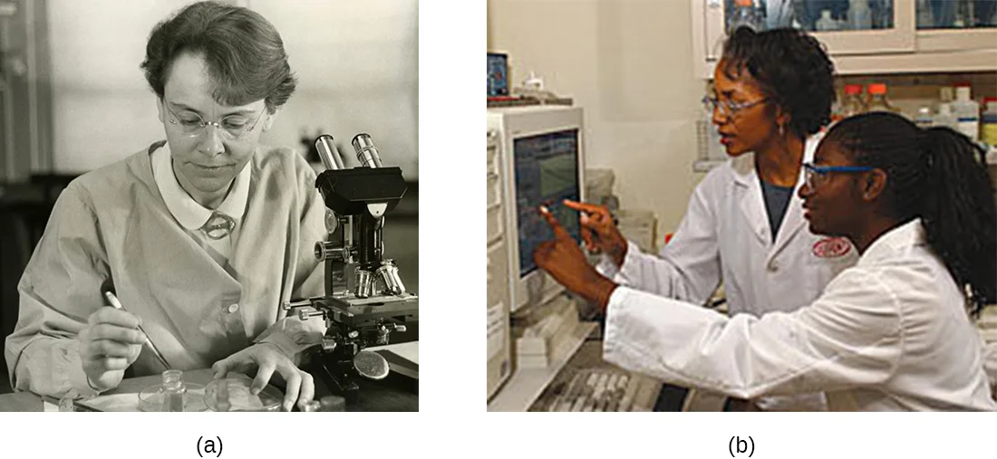 (a) A black-and-white photograph of a woman in a lab coat working with laboratory glassware beside a microscope. (b) A color photograph of two women in white lab coats and safety glasses examining an image on a computer monitor in a laboratory.