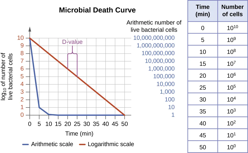 A semilog plot titled 'Microbial Death Curve' graphing log₁₀ number of live bacterial cells against time in minutes from 0 to 50. An arithmetic-scale line drops sharply and is indistinguishable from zero by about minute 10. A logarithmic-scale line declines in a straight diagonal from 10¹⁰ at time 0 to 10⁰ at time 50, with a purple bracket marking the D-value over the interval from 10⁶ to 10⁵.
