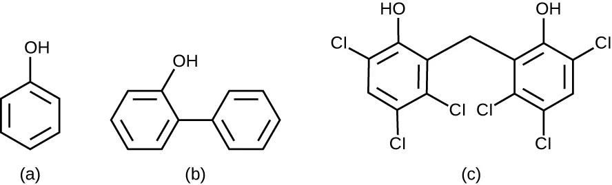 Three drawn chemical structures. (a) Phenol: a single benzene ring with one hydroxyl (OH) group. (b) o-Phenylphenol: two benzene rings joined directly by a bond, with a hydroxyl group on the ring nearest the bond. (c) Hexachlorophene: two benzene rings joined by a single carbon bridge; each ring carries a hydroxyl group and three chlorine atoms.