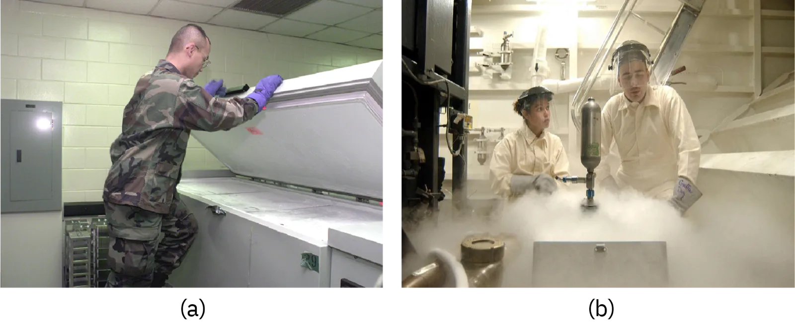 (a) A man in camouflage fatigues and purple gloves reaches into a large chest-style ultra-low freezer in a lab. (b) Two people in white coats stand in a fogged, dimly lit room beside a cylindrical liquid-nitrogen storage tank emitting a thick cloud of vapor.