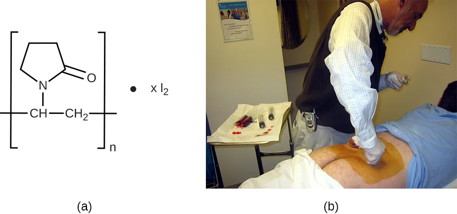 Two panels. (a) The chemical structure of povidone (polyvinylpyrrolidone) shown as a repeating polymer unit, with a separate label "x I2" for the iodine bound alongside it. (b) A photo of a clinician applying an orange antiseptic solution to a patient's abdomen before surgery.