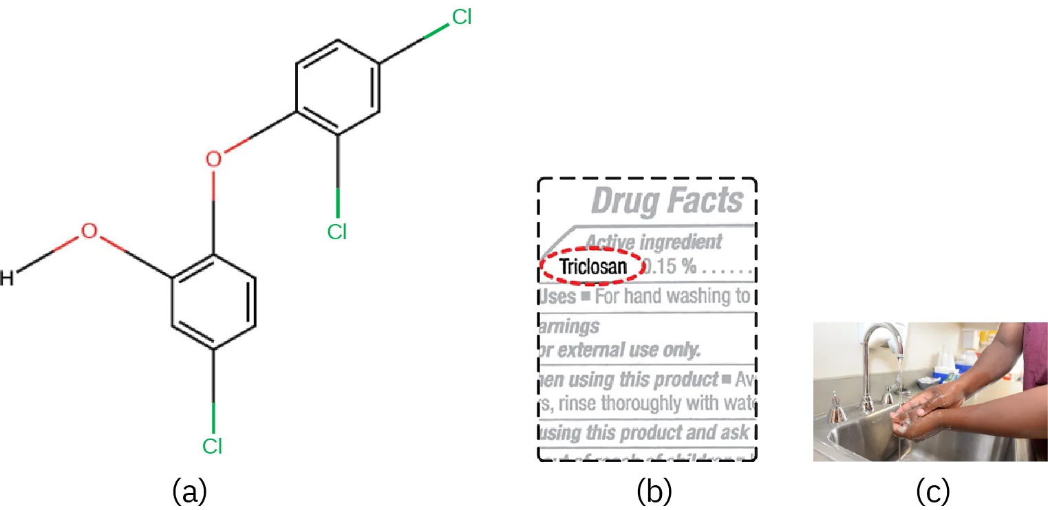 Three panels. (a) The chemical structure of triclosan: two benzene rings joined by an ether oxygen, each ring bearing two chlorine atoms. (b) A blurred over-the-counter drug-facts label with the active ingredient "Triclosan" circled in red. (c) A photo of a person washing their hands at a stainless-steel sink.