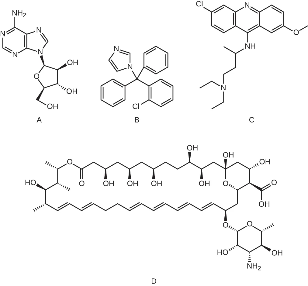 Four numbered chemical structures. A: a fused two-ring nitrogen-containing system joined to a separate five-membered ring bearing three oxygen substituents. B: a central carbon joined to a five-membered, two-nitrogen ring and three six-membered rings, one chlorine-substituted. C: three fused six-membered rings, chlorine- and methoxy-substituted, linked through nitrogen to an ethylamine chain. D: a long unsaturated carbon chain closed into a large ring with hydroxyl groups, a carboxylic acid, and a second oxygen-linked ring.