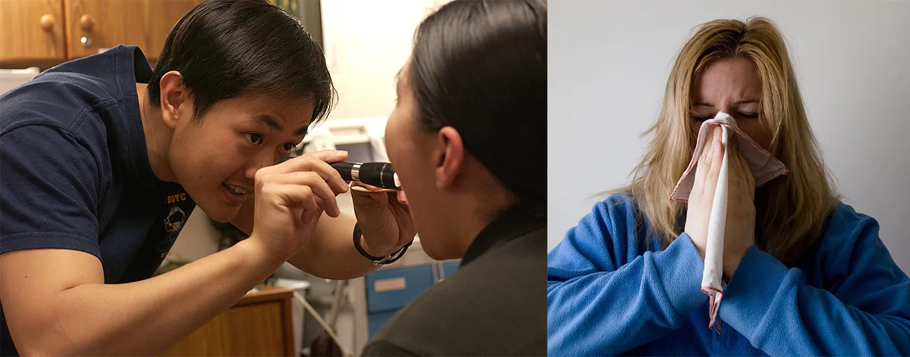 Left, a man in a navy T-shirt with a small printed logo leaning in to examine a patient's open mouth with a small handheld light, in a clinic room with wood cabinetry. Right, a woman in a blue sweatshirt, eyes closed and head bowed, sneezing into a folded cloth held to her nose with both hands.