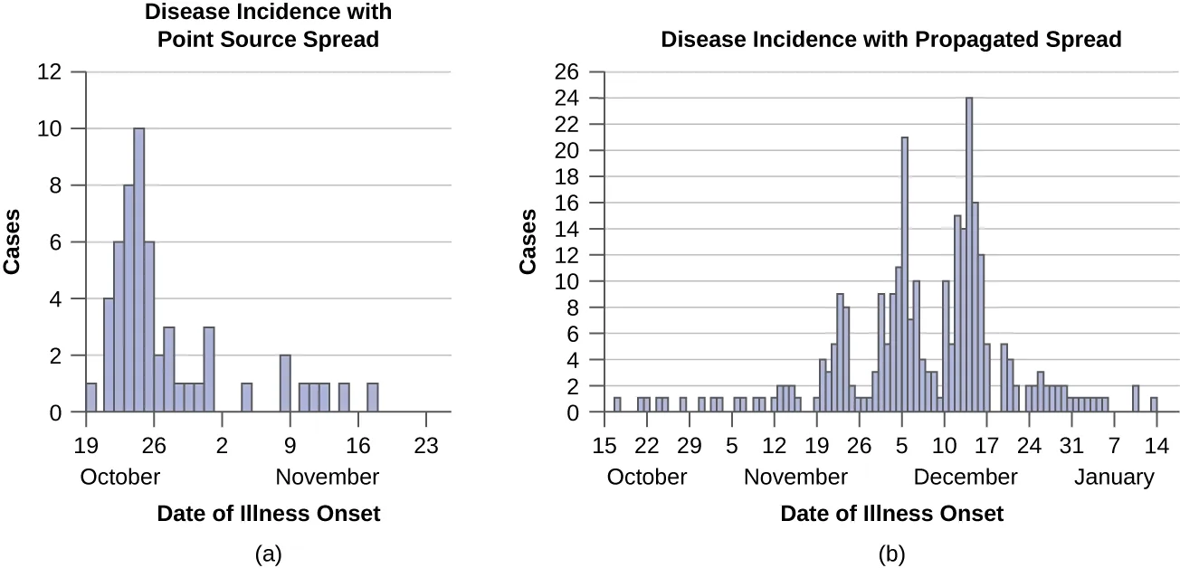 (a) A bar graph of disease incidence during a point-source outbreak, with a single sharp peak in late October that quickly returns to baseline. (b) A bar graph of disease incidence during a propagated outbreak, with three successive peaks of increasing height spread across November and December before tapering off.