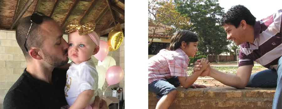 Two photos: in one, a man kisses a toddler on the cheek at a birthday party; in the other, a man and a child clasp hands in an arm-wrestling grip outdoors.